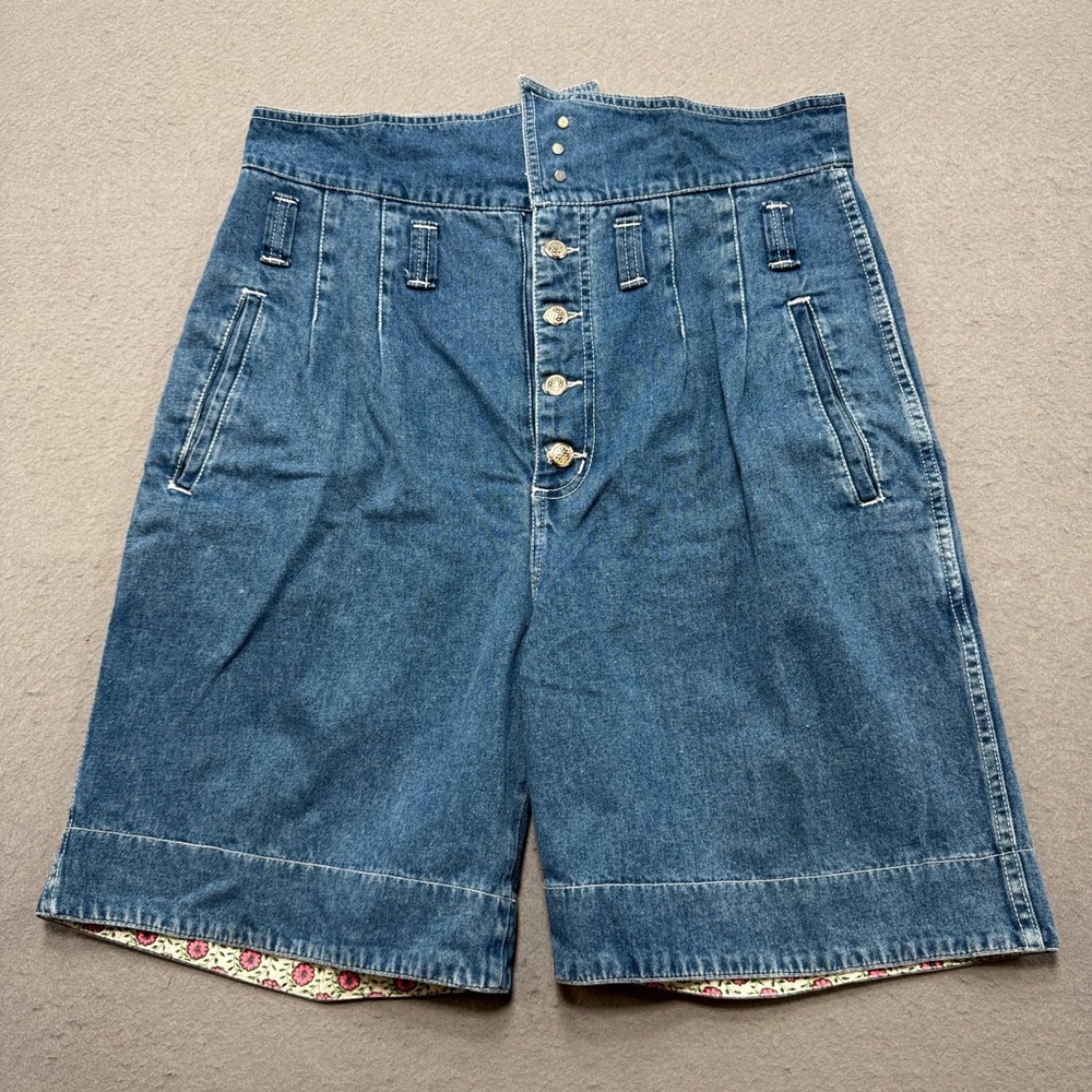 Y2K Bermuda Shorts Women's 13/14 Blue Denim High Rise Button Fly Floral Waist